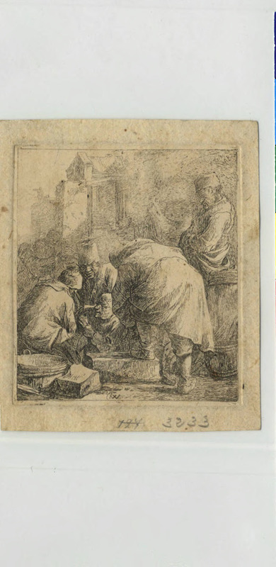 Man adjusting his footwear, at left three men playing cards