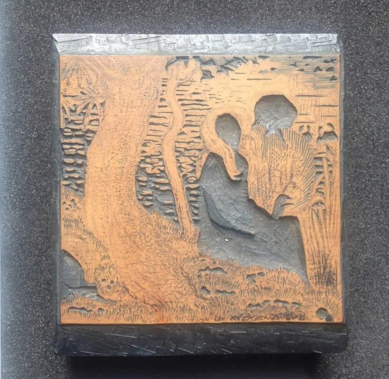 One of four woodblocks for On the River Bank, illustration to 'Queen of the Fishes'