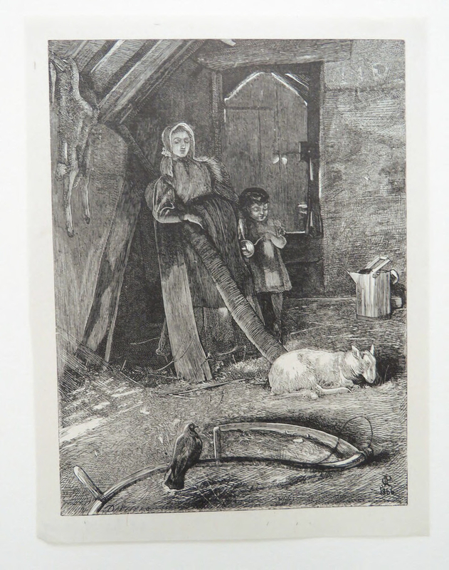 Illustration: a woman and child in a barn looking at a sheep