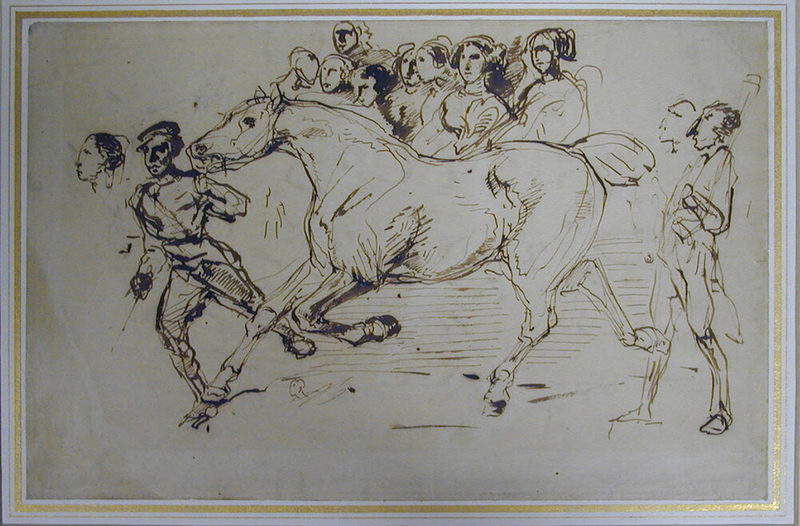 Recto: A groom leading a horse towards the left with spectators behind Verso: Landscape with a wooded slope and cows
