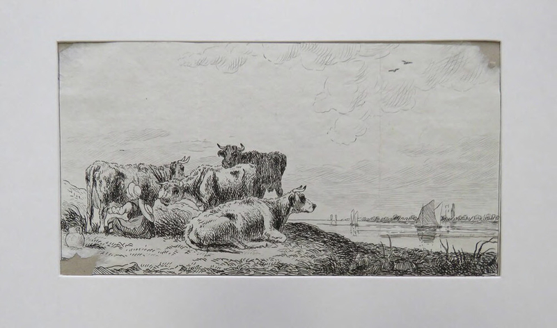 Landscape with cows in the foreground and distant boats