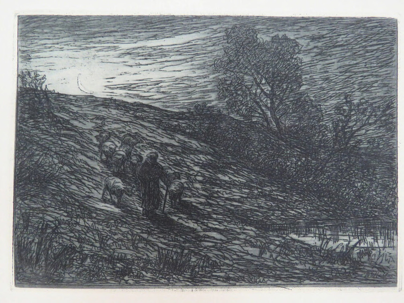 Shepherd leading sheep down a hillside in moonlight