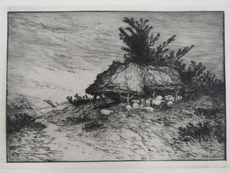 Sheep under a thatched shelter in a landscape