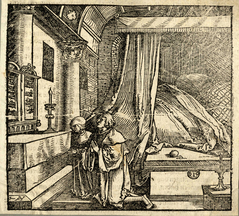 Recto: a couple kneeling in prayer in their bedroom
Verso: Letterpress