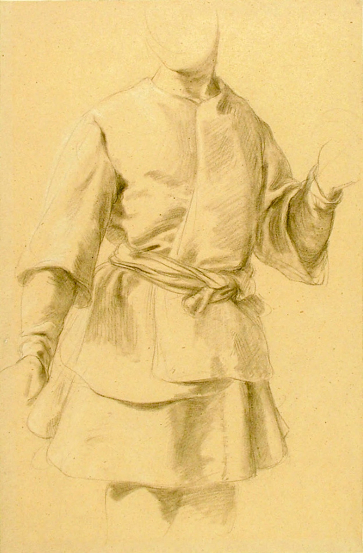 Study of a standing figure wearing a short tunic, seen from the front