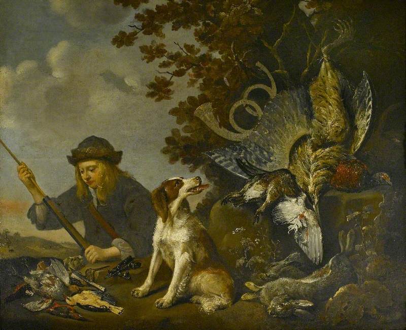 A Young Huntsman Loading His Musket together with His Spaniel and the Day's Bag in a Landscape