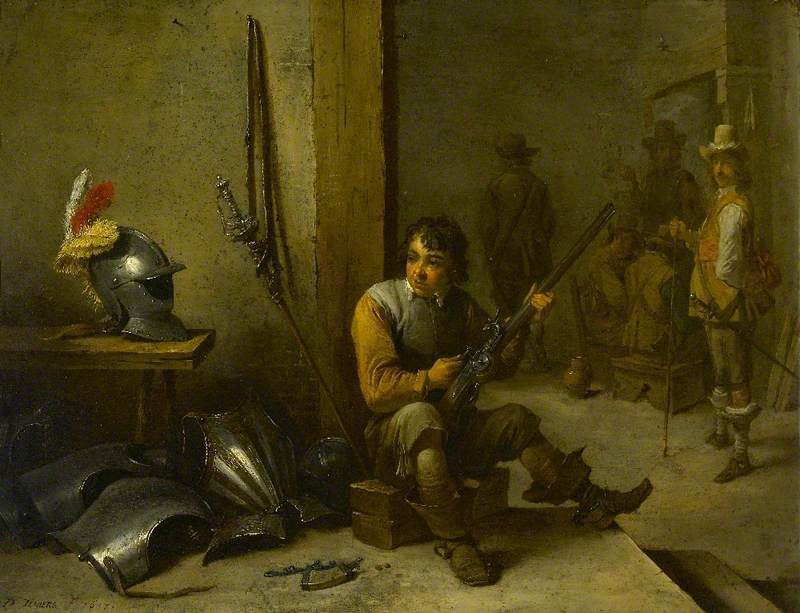 A Soldier Cleaning a Flintlock in a Guardroom, Armour beside him and Soldiers beyond