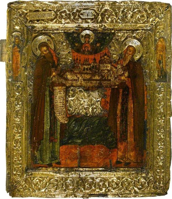 Icon with Saints Zossim and Savatti with Our Lady of the Sign and the Solevyetski Monastery