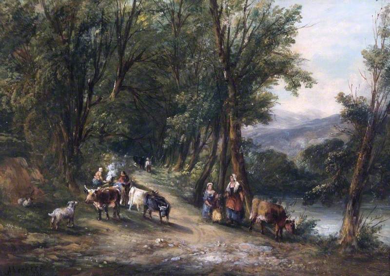 Cattle and Figures in a Wooded Valley with a Stream