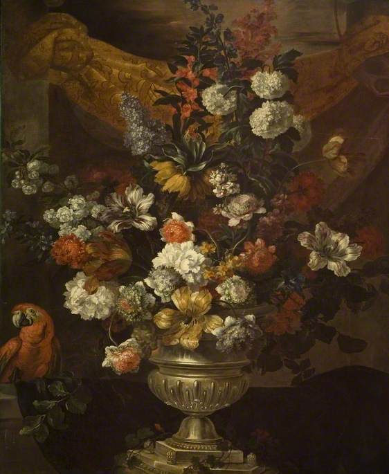 Flowers in an Urn with a Macaw