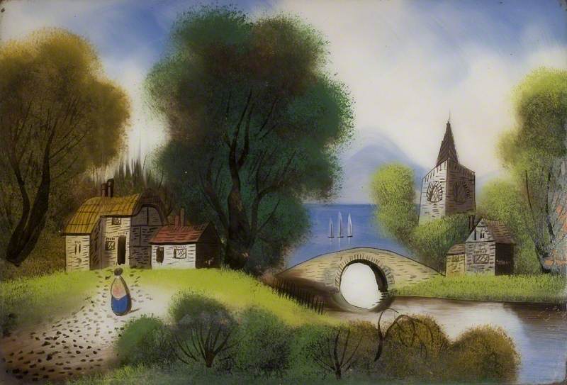 Cottage, Bridge and Church by a Lake with Yachts and Mountains Beyond
