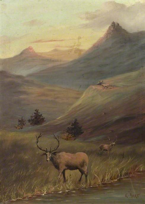 Stags by Water in a Mountainous Landscape*