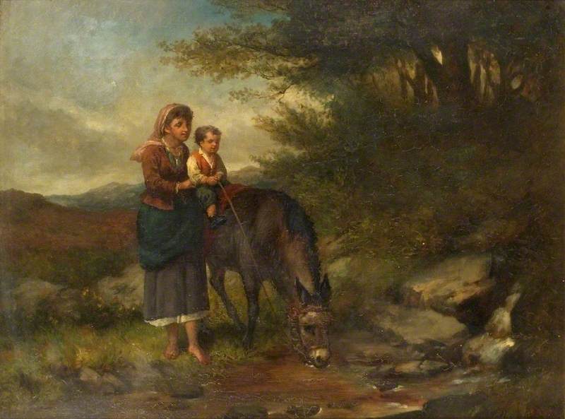Woman Supporting a Boy on a Donkey by a Stream*