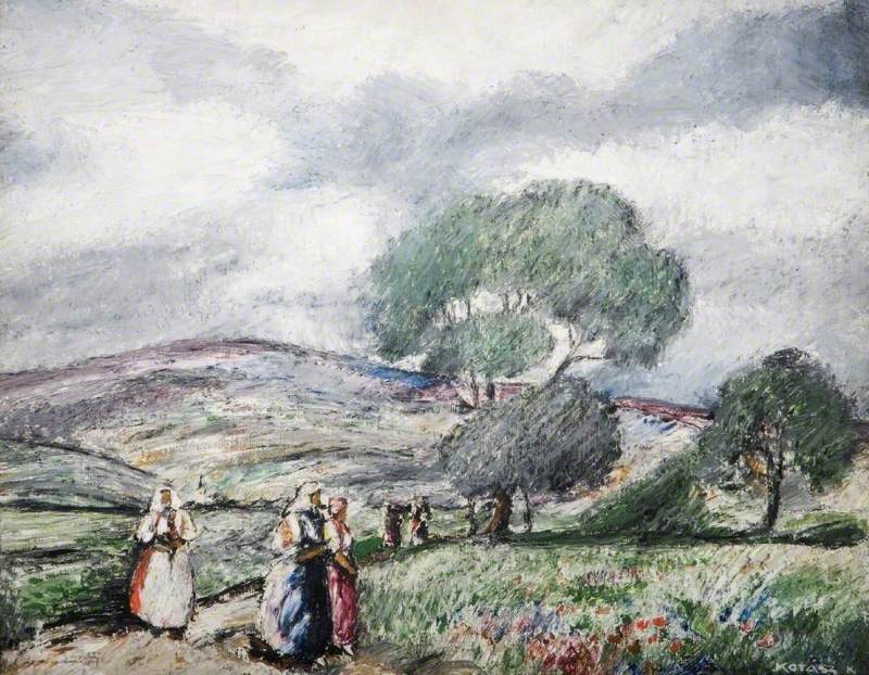 Stormy Landscape with Blue and Red Figures