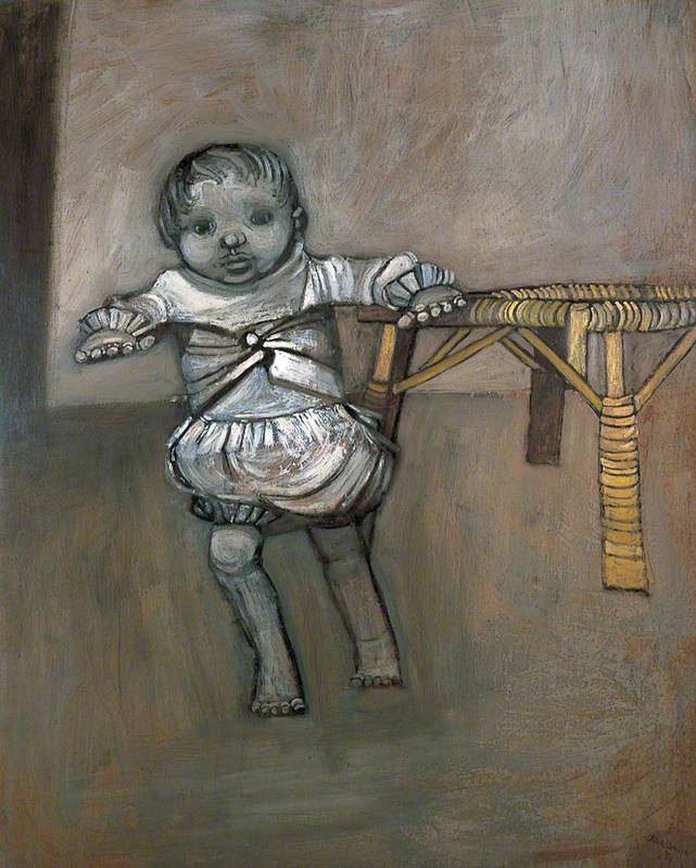Child Walking with Wicker Stool