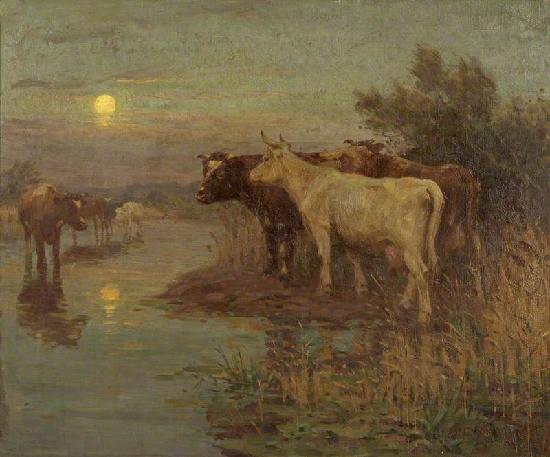 Cattle beside a River at Moonrise