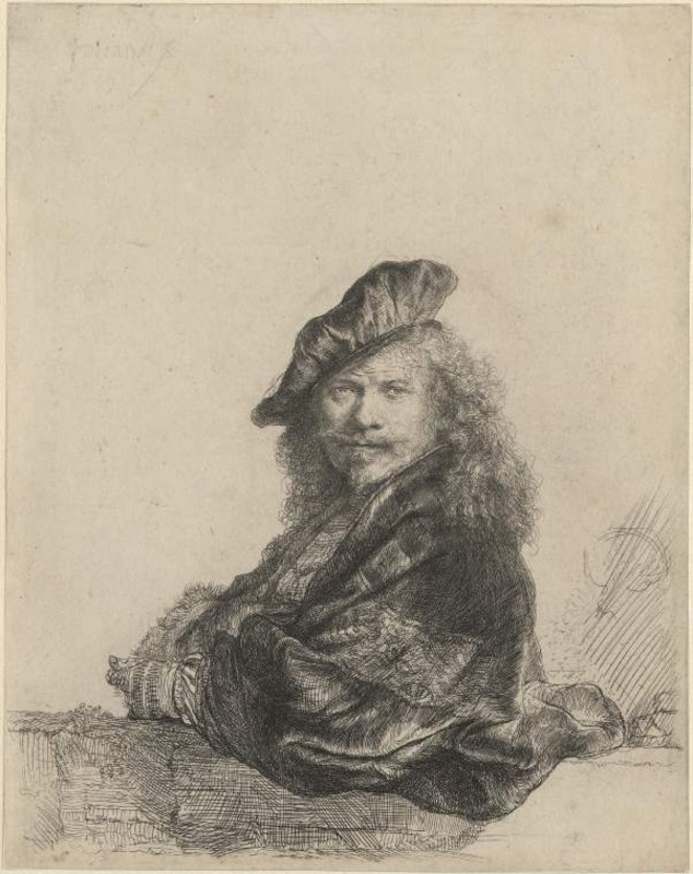 Self-portrait leaning on a stone sill
