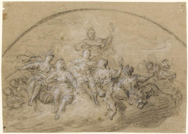 Monarch, crowned by Minerva, surrounded by the four Cardinal Virtues