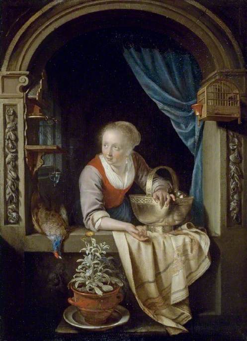 Woman at a Window with a Copper Bowl of Apples and a Cock Pheasant