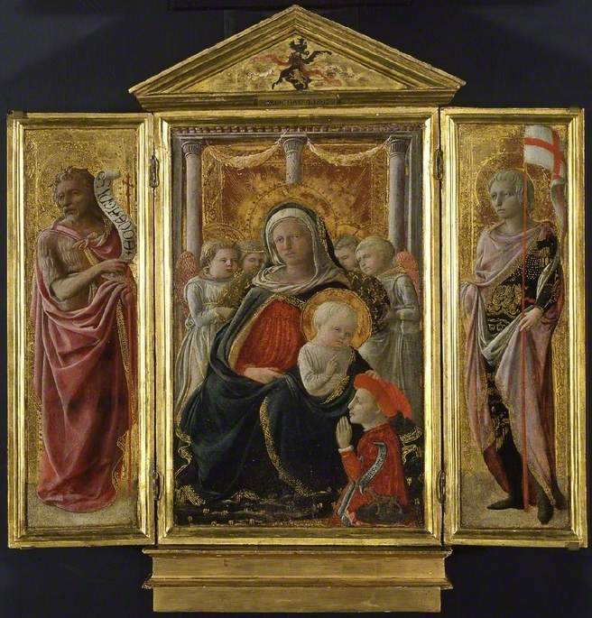Virgin and Child (centre), Saint John the Baptist (left) Saint George or Saint Ansanus (right)