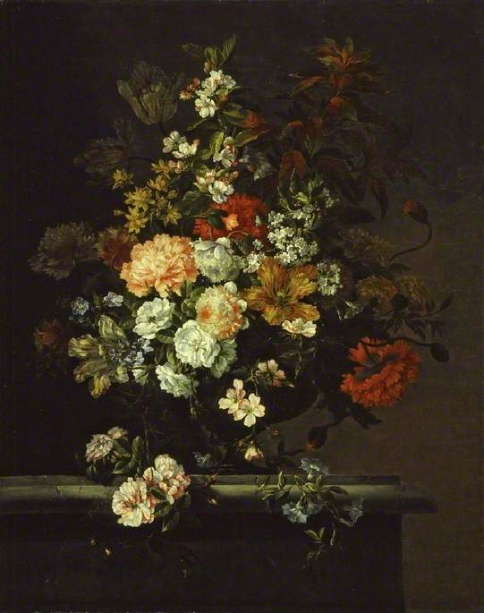 Still Life of Mixed Flowers in a Vase on a Ledge
