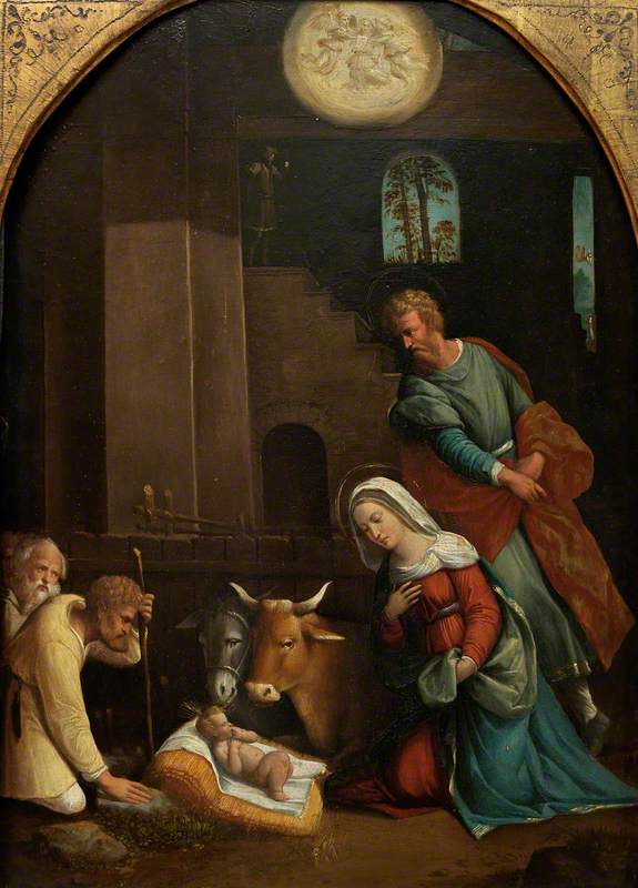 The Adoration of the Shepherd, with the Annunciation to the Shepherds beyond