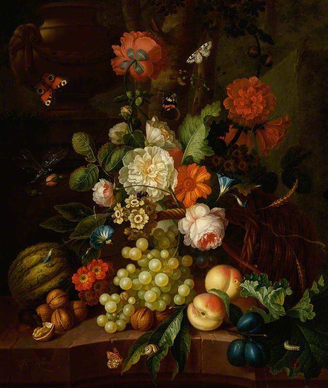 Basket of Flowers with Fruit
