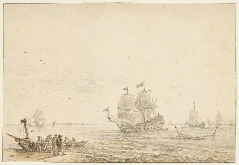 Men-of-War and Other Ships, Fishermen on the Shore to the Left