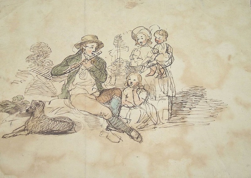 A Man Playing a Flute Beside a Woman and Two Children