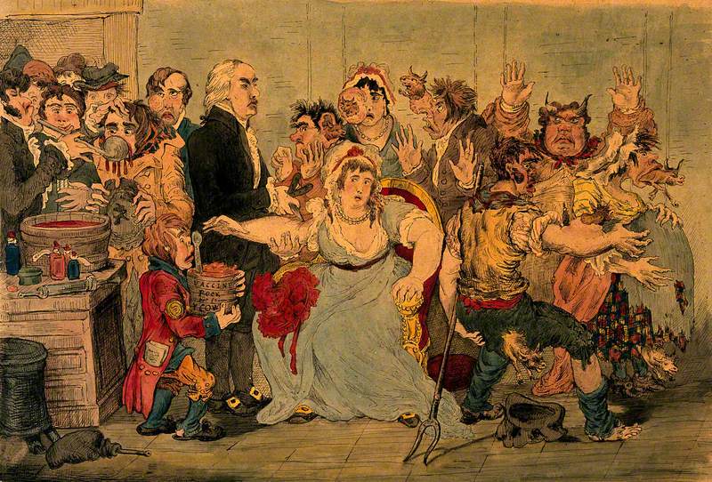 Edward Jenner Vaccinating Patients in the Smallpox and Inoculation Hospital at St Pancras: The Patients Develop Features of Cows