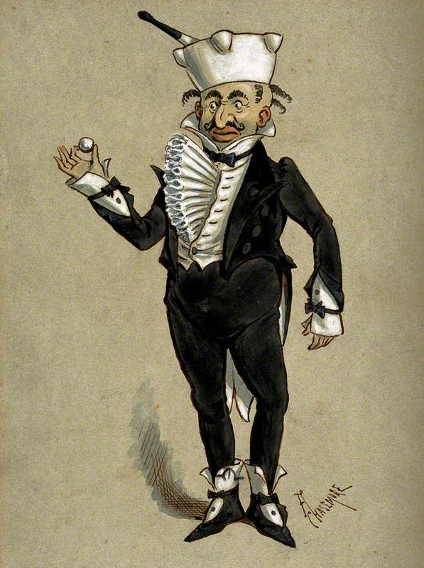 A Theatrical Figure in a Tuxedo Supporting a Pestle and Mortar as a Hat and Holding a Large Pill