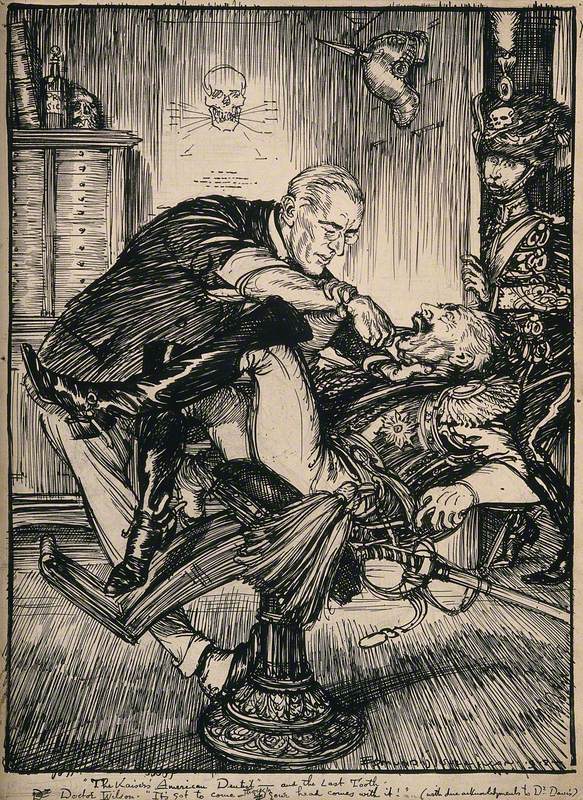 A Dentist (Woodrow Wilson) Forcefully Extracting a Tooth from a Patient (Kaiser Wilhelm II), Representing America's Successes in the First World War