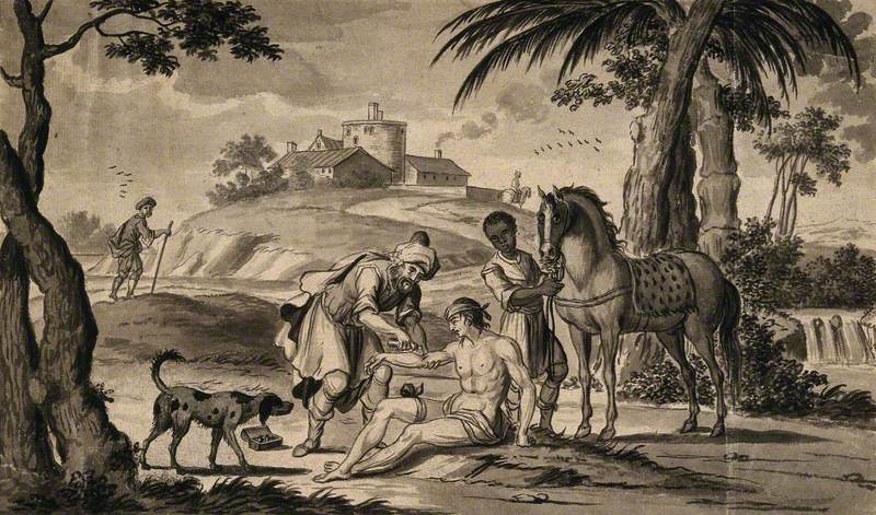 The Good Samaritan Stopping to Help Treat a Wounded Man