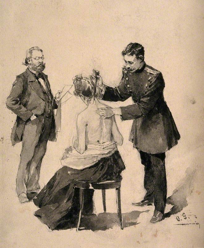 A Young Physician in Military Uniform Applying a Lance to a Patient's Neck, an Older Physician with Papers in Hand Is Watching Him