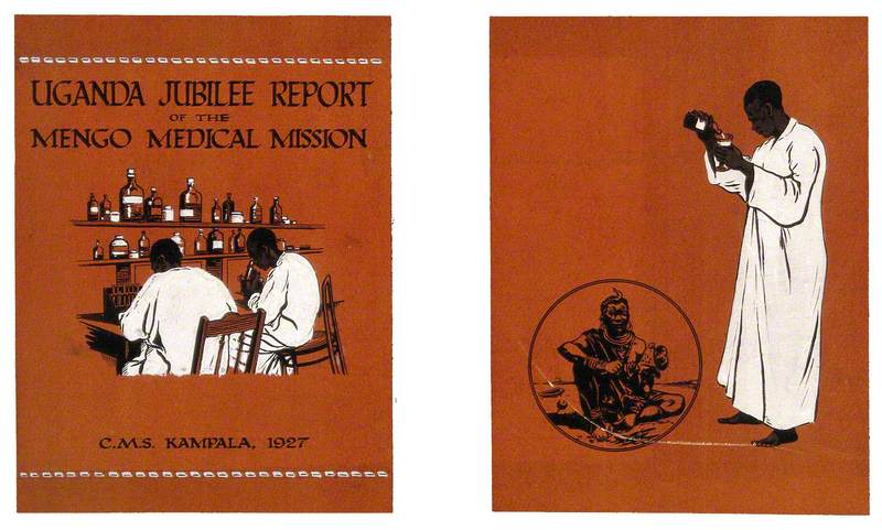 Two Designs for the Mengo Medical Mission, Uganda: on the Front Two Scientists Researching and on the Reverse a Medicine Man and Physician