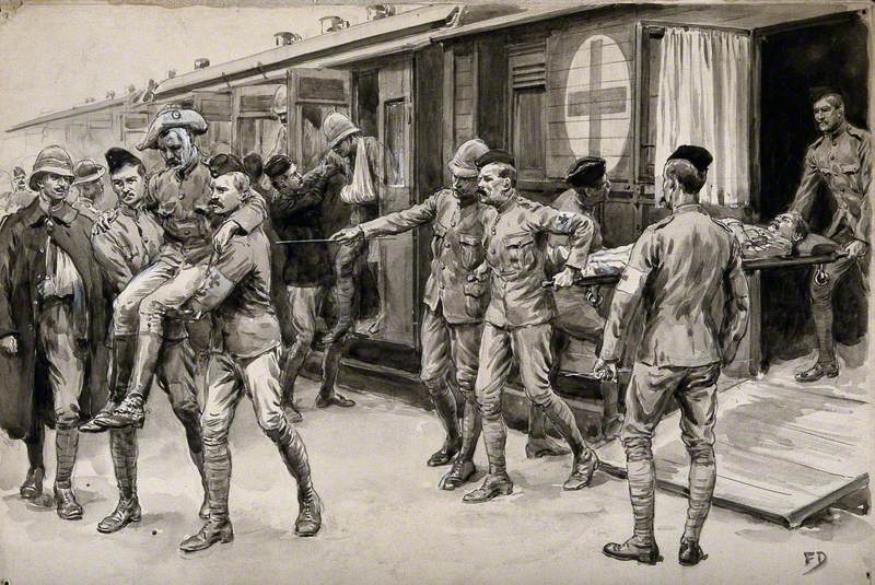 Boer War: Wounded Soldiers Being Escorted Off the Hospital Train at Durban from Ladysmith