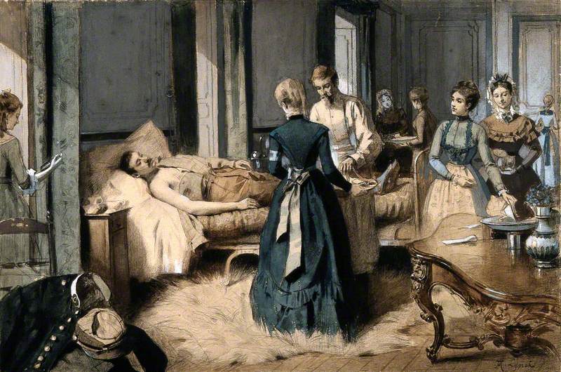 A Doctor and Some Women Attend To and Prepare Bandages for a Wounded Military Man Lying in Comfortable Surroundings
