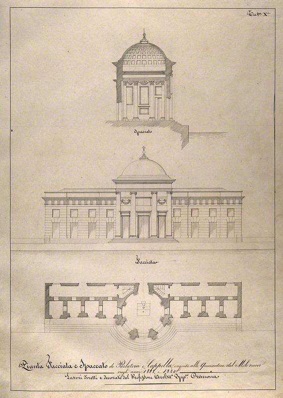 An Italian Lazaretto: Section, Façade and Floor Plan of the Chapel and Visiting Room