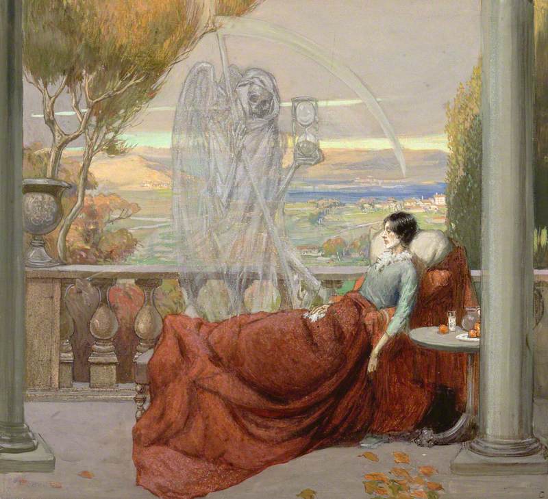 A Sickly Young Woman Sits Covered Up on a Balcony; Death, a Ghostly Skeleton Clutching a Scythe and an Hourglass, Is Standing Next to Her; Representing Tuberculosis