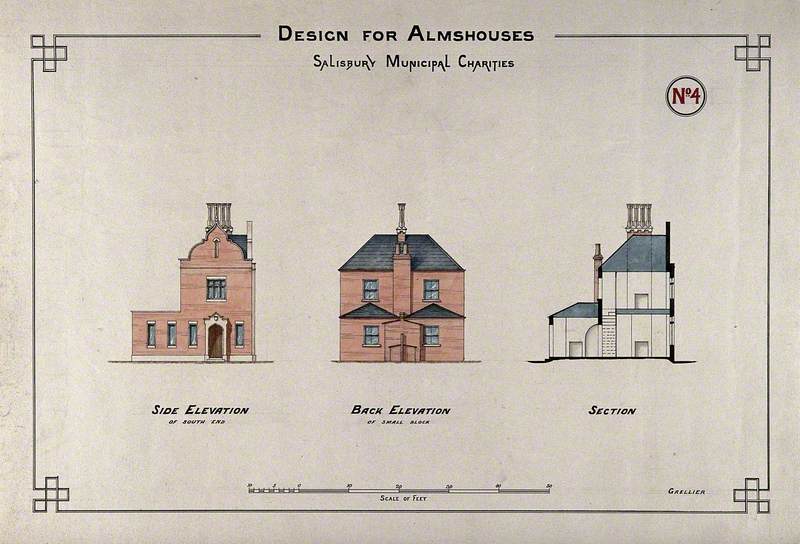 Almshouse, Salisbury: Side and Back Elevations and Section