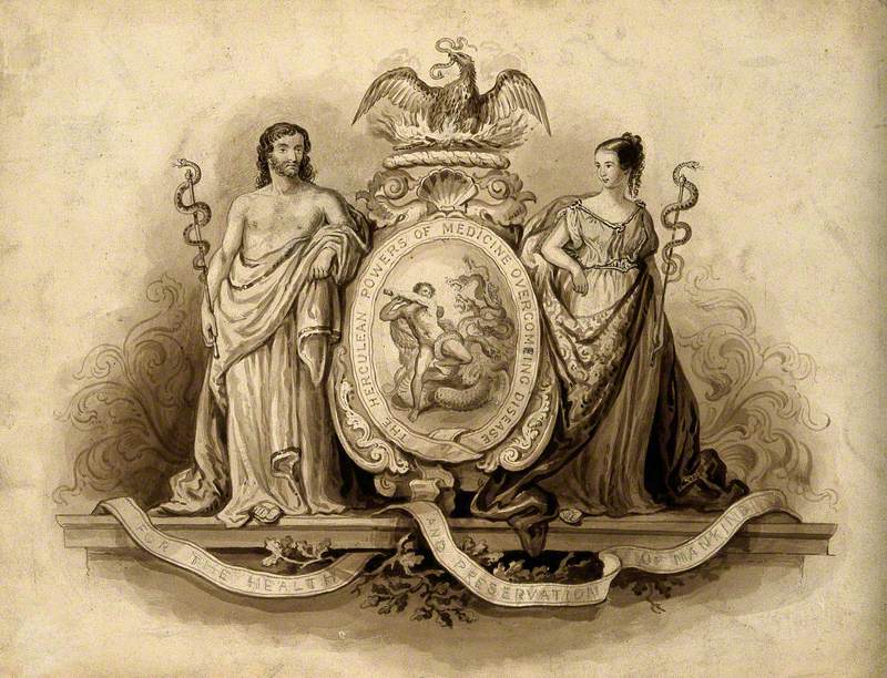 Aesculapius and Hygieia, with Hercules Fighting the Hydra; Representing Medicine