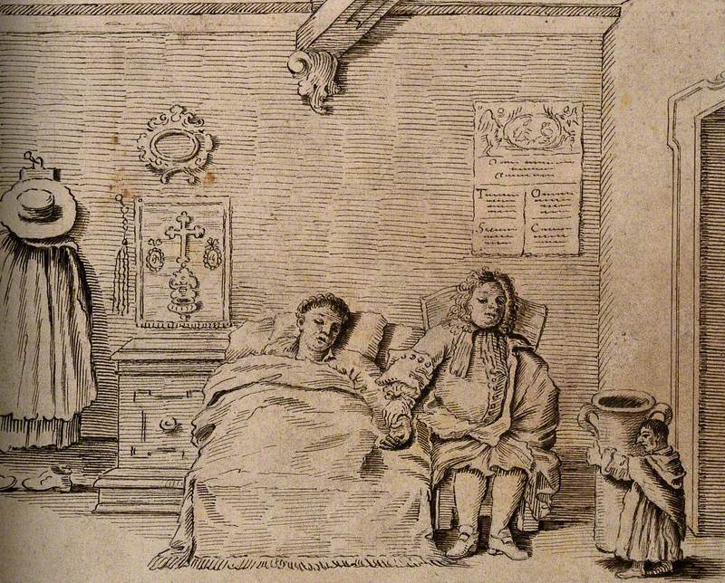 A Dwarf Carrying a Large Jug into a Room Where a Person Is Ill in Bed