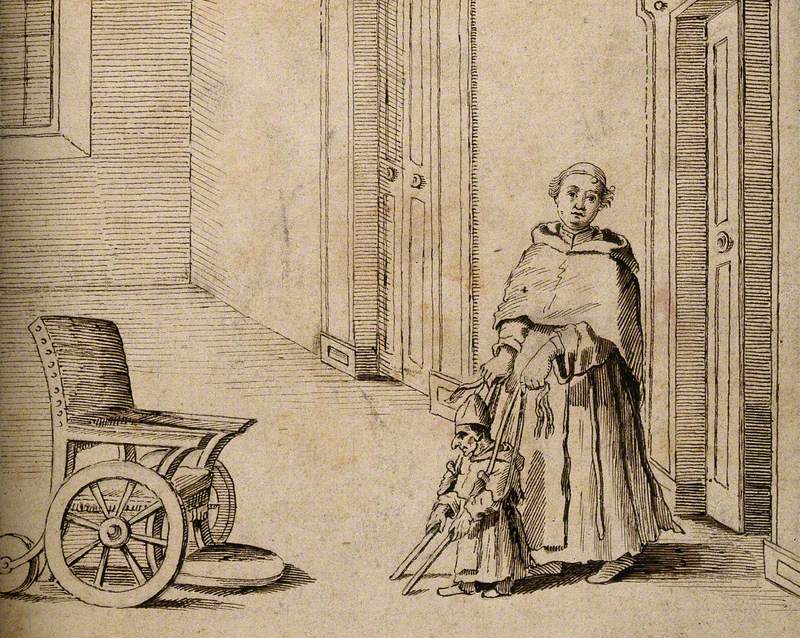 A Crippled Dwarf Being Helped to a Wheelchair by a Monk