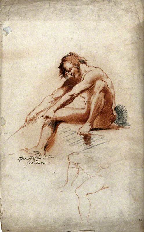 A Seated Male Nude Grasping a Rope with a Second Sketch of Legs