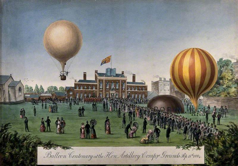 Crowds Gather at the Parade Ground of the Honourable Artillery Company to Watch Two Hot-Air Balloons