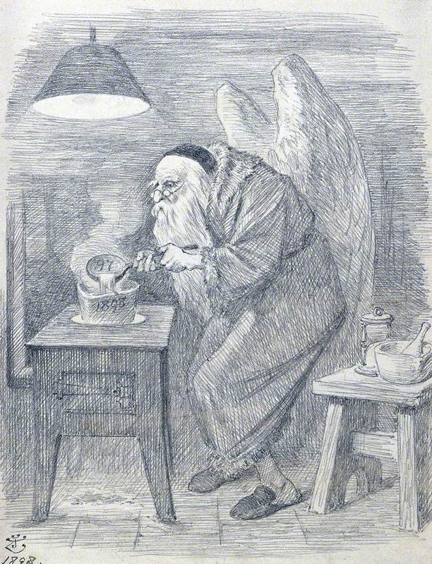 An Alchemist with Angel's Wings and a Skull Cap, Pouring Fluid from a Ladle into a Crucible