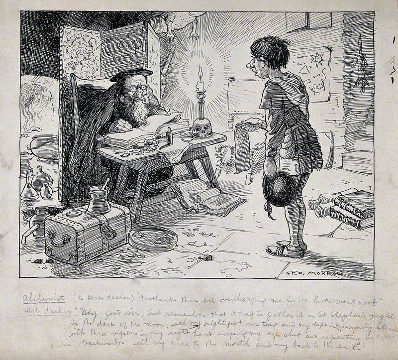 A Herb Dealer Justifies the Price of His Herbs to an Alchemist Sitting at a Desk