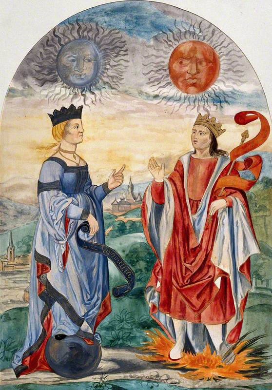 A Moon above a Queen Dressed in Blue, and a Sun above a King Dressed in Red; Representing Two Alchemical Principles: the Dissolving 'Lac Virginis' (Mercury) and the Coagulating Masculine Principle (Sulphur)