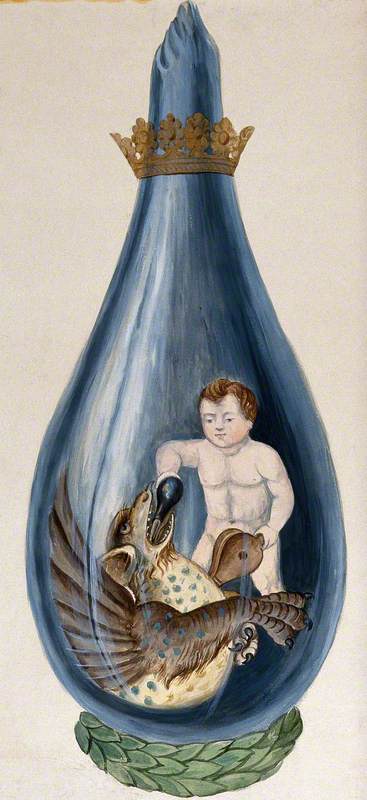 A Putto Pours a Phial into a Dragon's Mouth, Pumping a Bellows with His Other Hand; Representing the Fixing of Volatile Matter in the Alchemical Process