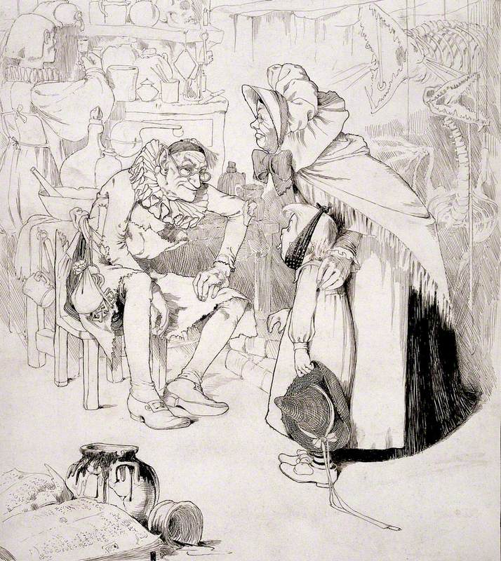 A Child with a Swollen Mouth Being Led by a Woman to Visit an Apothecary, Who Is Seated in His Laboratory